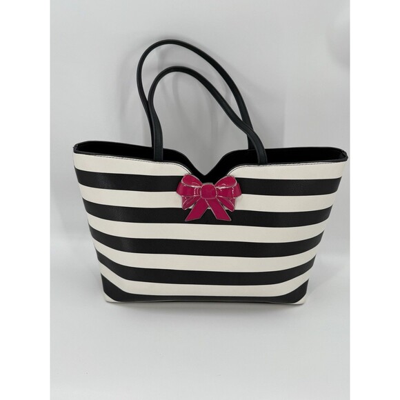 Betsey Johnson KITSCH Black White Striped Pink Bow Large Tote Shoulder Bag EUC - Picture 12 of 16